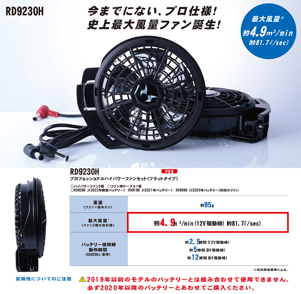 空冷ファン付(夏)作業服 空調風神服 RD9230H/プロフェッショナルハイパワーファンセット 空冷ファン付(夏)作業服 空調風神服 RD9230H/プロフェッショナルハイパワーファンセット