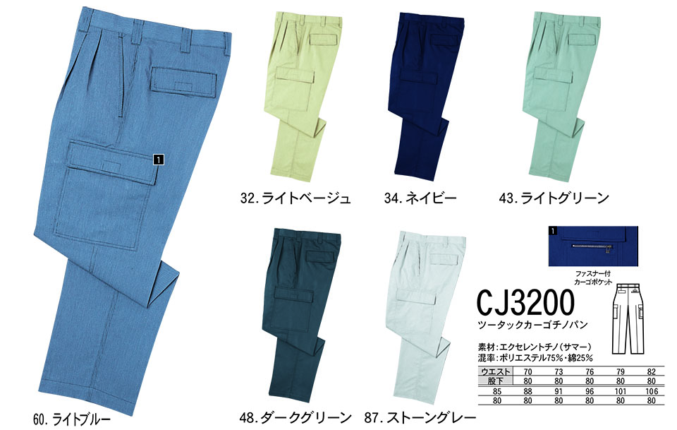NAKATSUKA (中塚被服) 春・夏用作業服(ワークウェア) CJ3200/ツータックカーゴチノパン NAKATSUKA (中塚被服) 春・夏用作業服(ワークウェア) CJ3200/ツータックカーゴチノパン