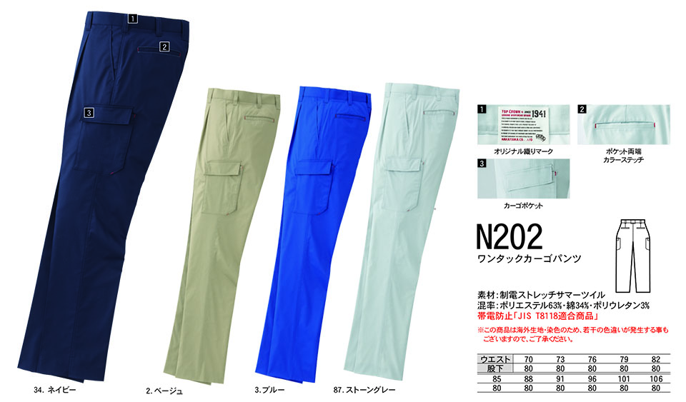 NAKATSUKA (中塚被服) 春・夏用作業服(ワークウェア) N202/ワンタックカーゴパンツ NAKATSUKA (中塚被服) 春・夏用作業服(ワークウェア) N202/ワンタックカーゴパンツ