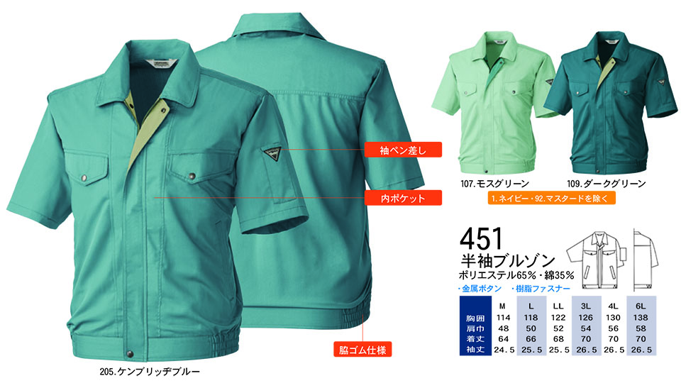 【桑和】 SOWA 春・夏作業服(ワークウェア) WORKING WEAR 451/半袖ブルゾン 【桑和】 SOWA 春・夏作業服(ワークウェア) WORKING WEAR 451/半袖ブルゾン